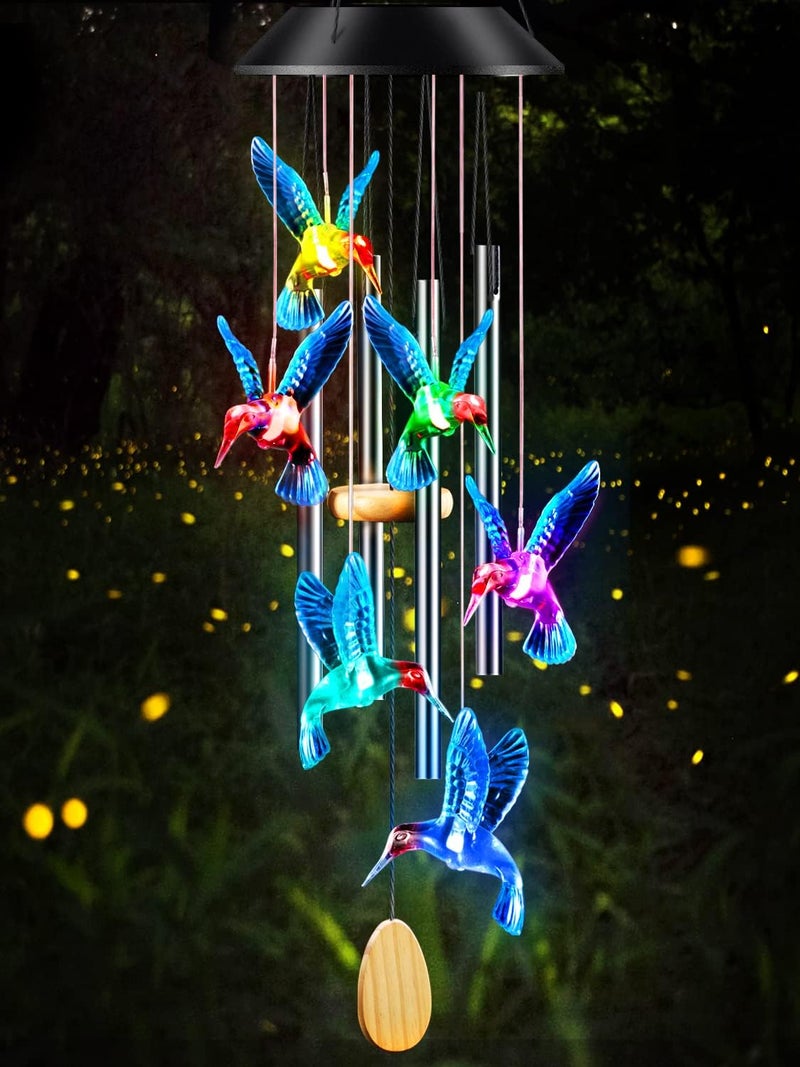 DesGully Wind Chimes,Hummingbird Solar Wind Chimes for Outside Color Changing,4 Aluminum Tubes Wind Bell for Garden/Patio Decor Thanksgiving Gifts for Mom, Wife, Grandma Neighbors(25 Inch Deep Tone) - Image 1